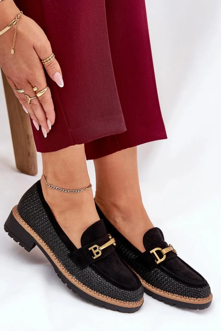 Online Boto Mokasyny Damskie Z Plecionką I Złotym Detalem Czarne Seffolia Czarny