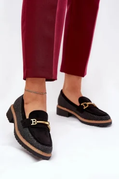Online Boto Mokasyny Damskie Z Plecionką I Złotym Detalem Czarne Seffolia Czarny