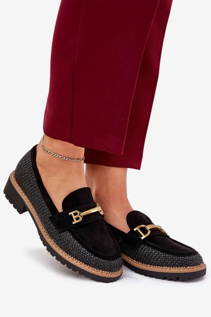 Online Boto Mokasyny Damskie Z Plecionką I Złotym Detalem Czarne Seffolia Czarny