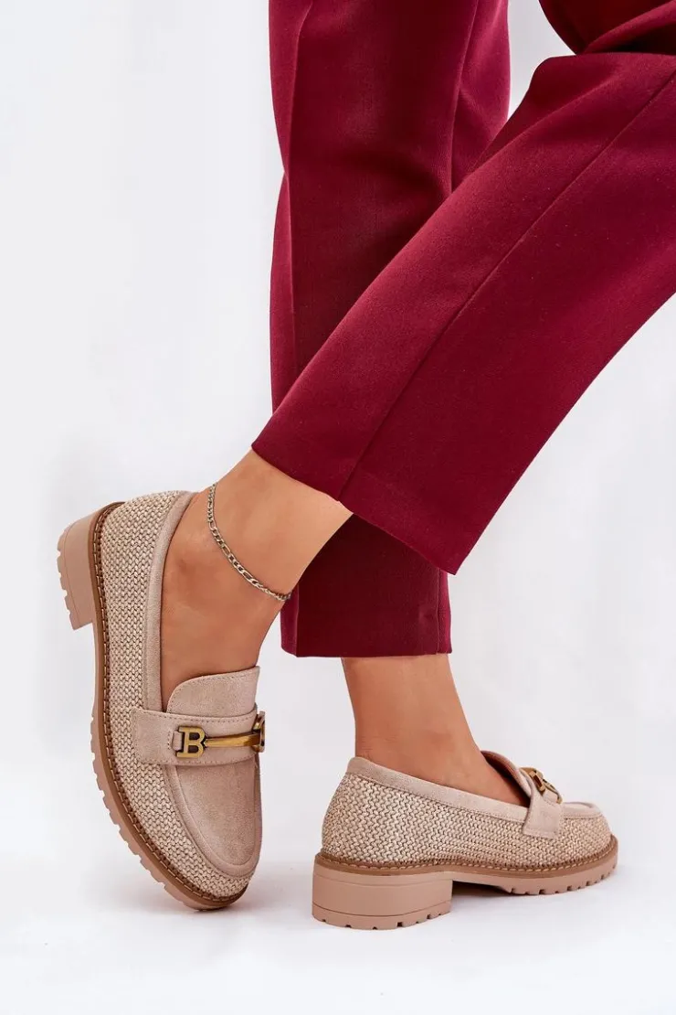 Damskie Boto Mokasyny Damskie Z Plecionką I Złotym Detalem Beżowe Seffolia