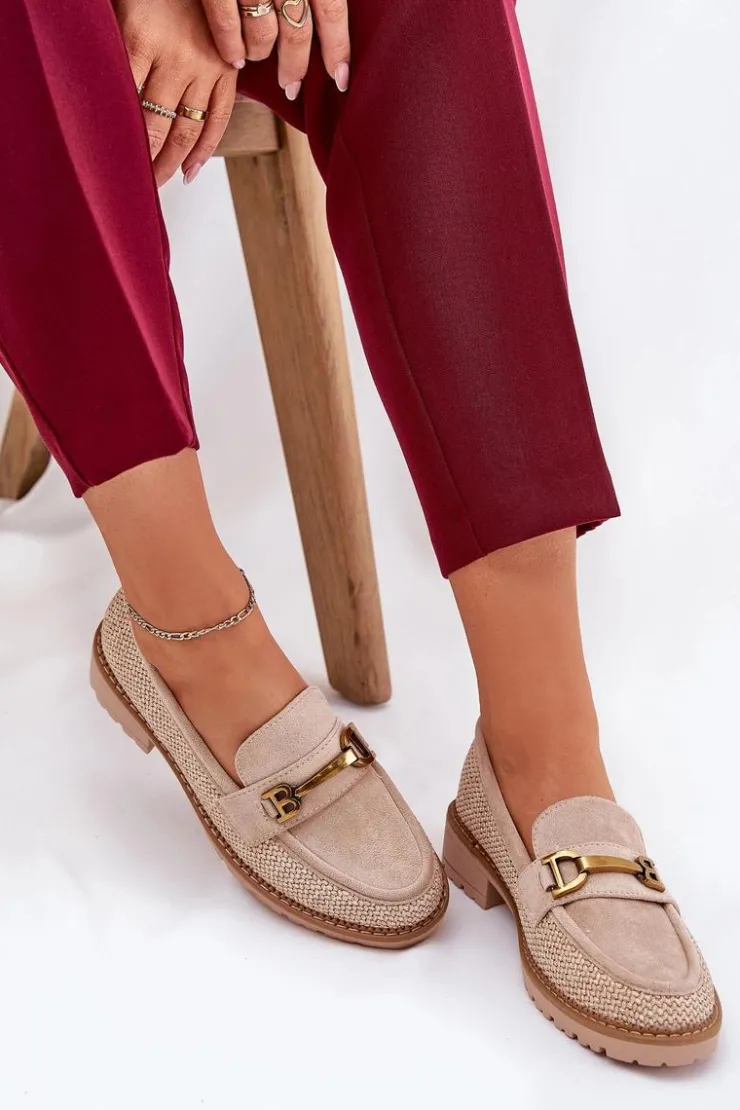 Damskie Boto Mokasyny Damskie Z Plecionką I Złotym Detalem Beżowe Seffolia