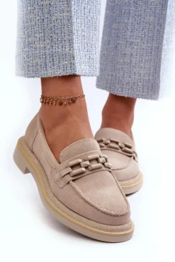 Damskie Damskie buty S.Barski Mokasyny Damskie Zamszowe Na Płaskim Obcasie Z Ozdobą D&A TW101 Beżowe