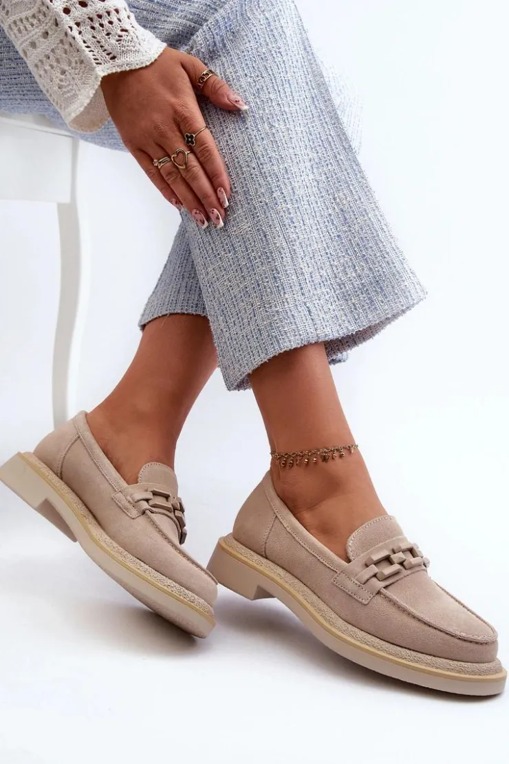 Damskie Damskie buty S.Barski Mokasyny Damskie Zamszowe Na Płaskim Obcasie Z Ozdobą D&A TW101 Beżowe