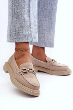 Damskie Damskie buty S.Barski Mokasyny Damskie Zamszowe Na Płaskim Obcasie Z Ozdobą D&A TW101 Beżowe