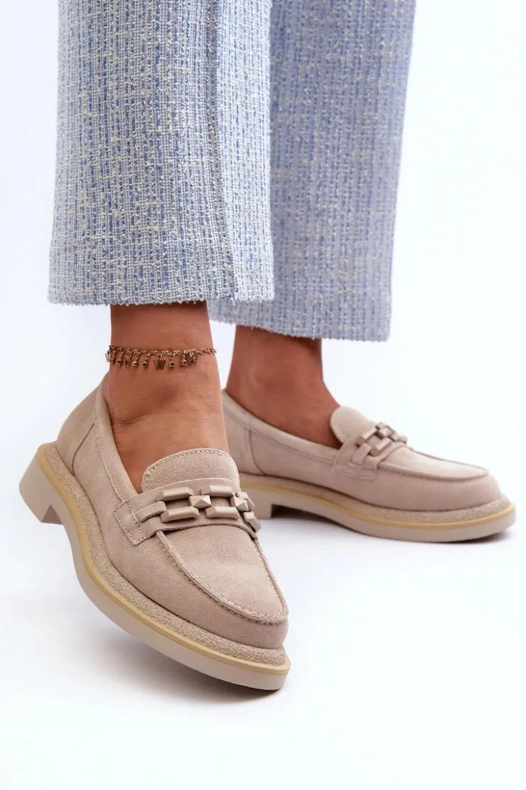 Damskie Damskie buty S.Barski Mokasyny Damskie Zamszowe Na Płaskim Obcasie Z Ozdobą D&A TW101 Beżowe