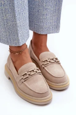 Damskie Damskie buty S.Barski Mokasyny Damskie Zamszowe Na Płaskim Obcasie Z Ozdobą D&A TW101 Beżowe