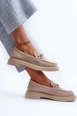 Damskie Damskie buty S.Barski Mokasyny Damskie Zamszowe Na Płaskim Obcasie Z Ozdobą D&A TW101 Beżowe