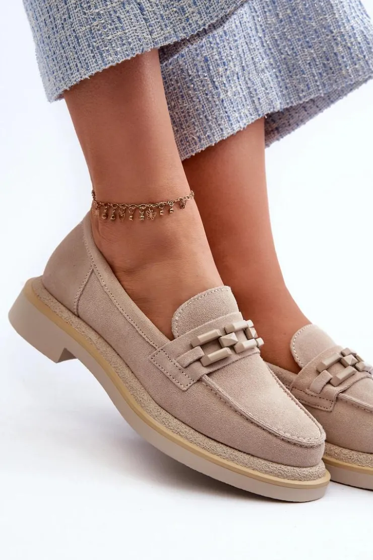 Damskie Damskie buty S.Barski Mokasyny Damskie Zamszowe Na Płaskim Obcasie Z Ozdobą D&A TW101 Beżowe