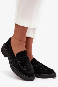 Damskie Damskie buty S.Barski Mokasyny Damskie Zamszowe Z Frędzlami D&A TW107 Czarne