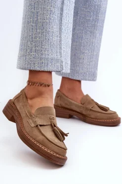 Outlet Damskie buty S.Barski Mokasyny Damskie Zamszowe Z Frędzlami D&A TW107 Brązowe Brązowy