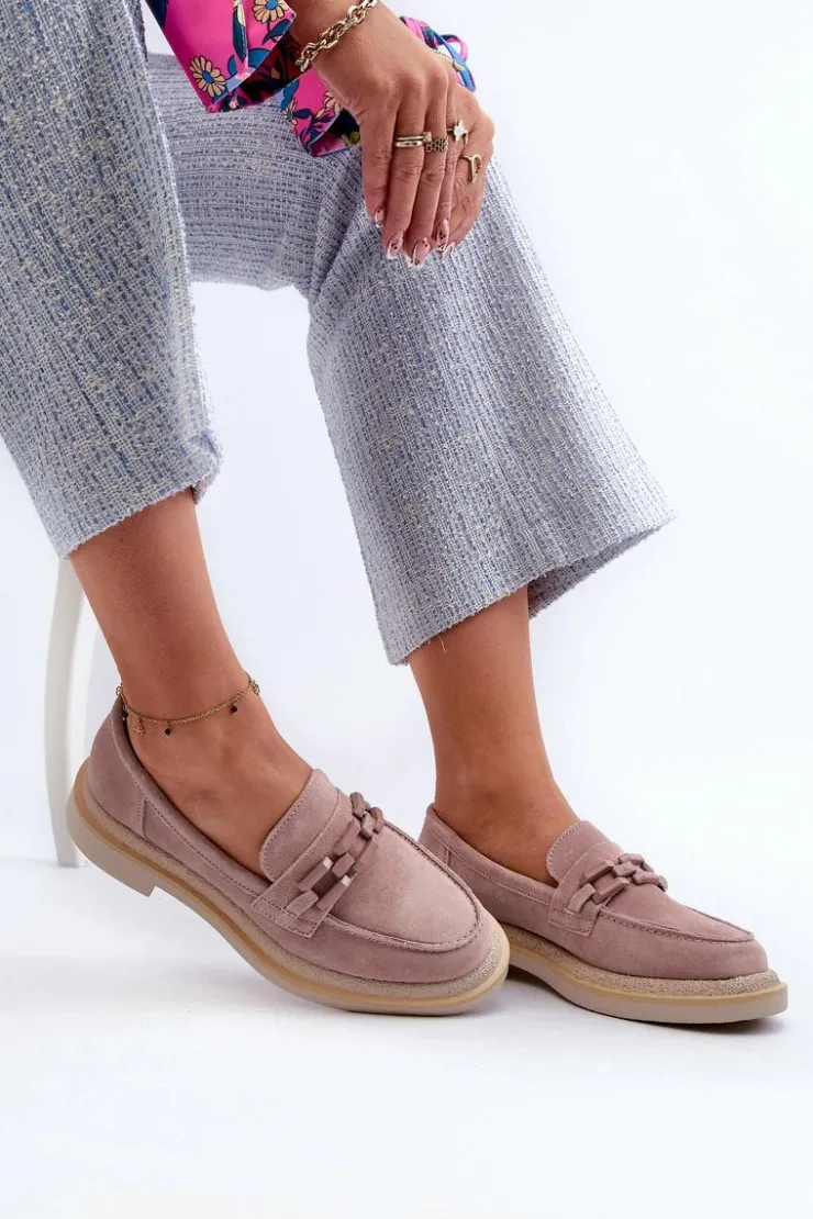 Damskie buty S.Barski Loafersy Damskie|Mokasyny Płaskie*Mokasyny Damskie Zamszowe Na Płaskim Obcasie Z Ozdobą D&A TW101 Brudny Róż Różowy