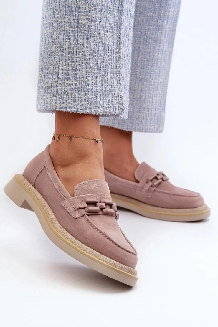 Damskie buty S.Barski Loafersy Damskie|Mokasyny Płaskie*Mokasyny Damskie Zamszowe Na Płaskim Obcasie Z Ozdobą D&A TW101 Brudny Róż Różowy