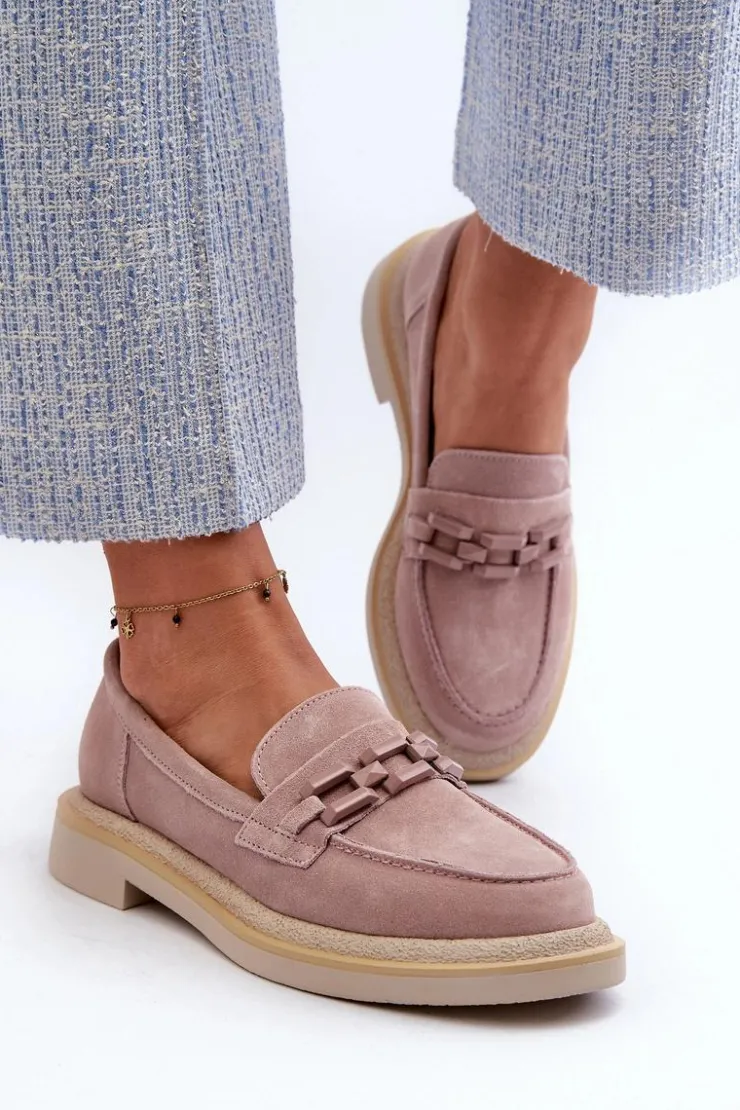 Damskie buty S.Barski Loafersy Damskie|Mokasyny Płaskie*Mokasyny Damskie Zamszowe Na Płaskim Obcasie Z Ozdobą D&A TW101 Brudny Róż Różowy