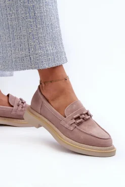 Damskie buty S.Barski Loafersy Damskie|Mokasyny Płaskie*Mokasyny Damskie Zamszowe Na Płaskim Obcasie Z Ozdobą D&A TW101 Brudny Róż Różowy