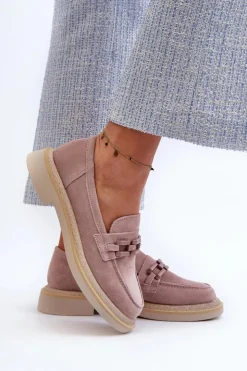 Damskie buty S.Barski Loafersy Damskie|Mokasyny Płaskie*Mokasyny Damskie Zamszowe Na Płaskim Obcasie Z Ozdobą D&A TW101 Brudny Róż Różowy