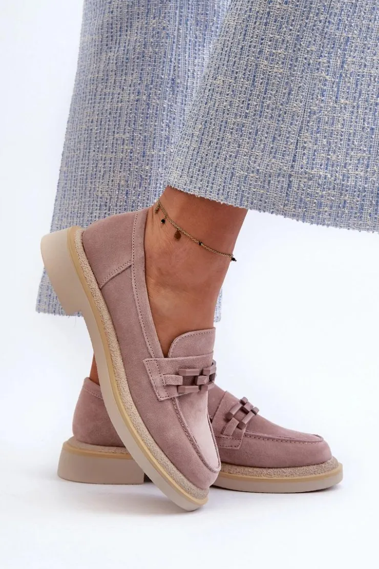 Damskie buty S.Barski Loafersy Damskie|Mokasyny Płaskie*Mokasyny Damskie Zamszowe Na Płaskim Obcasie Z Ozdobą D&A TW101 Brudny Róż Różowy