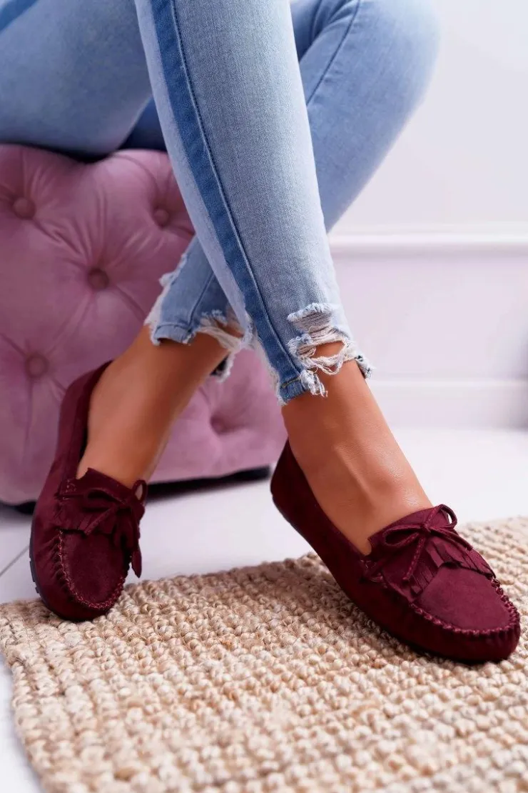 Damskie Boto Mokasyny Damskie Zamszowe Bordowe Espanto