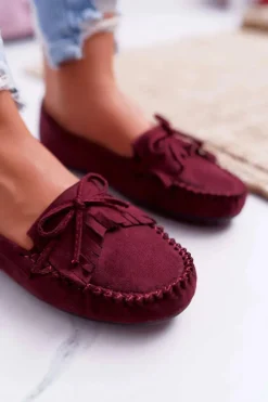 Damskie Boto Mokasyny Damskie Zamszowe Bordowe Espanto