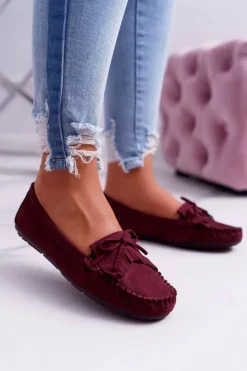 Damskie Boto Mokasyny Damskie Zamszowe Bordowe Espanto