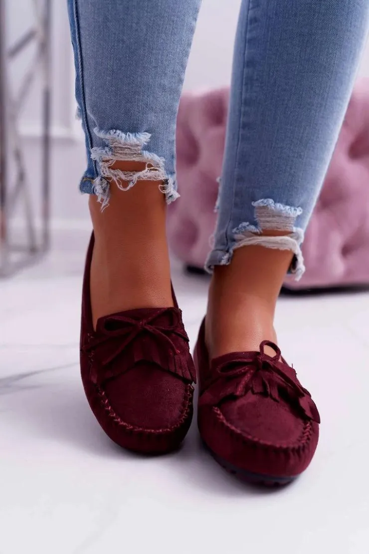 Damskie Boto Mokasyny Damskie Zamszowe Bordowe Espanto