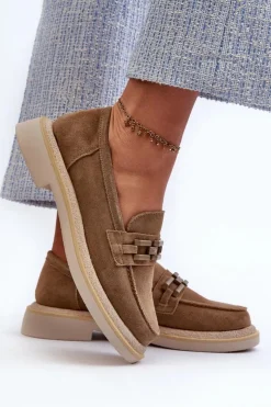 Best Damskie buty S.Barski Mokasyny Damskie Zamszowe Na Płaskim Obcasie Z Ozdobą D&A TW101 Brązowe Brązowy