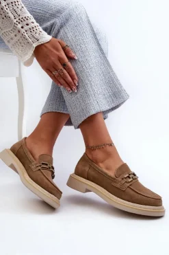 Best Damskie buty S.Barski Mokasyny Damskie Zamszowe Na Płaskim Obcasie Z Ozdobą D&A TW101 Brązowe Brązowy