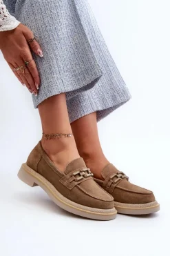 Best Damskie buty S.Barski Mokasyny Damskie Zamszowe Na Płaskim Obcasie Z Ozdobą D&A TW101 Brązowe Brązowy