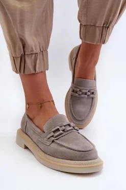 Damskie buty S.Barski Loafersy Damskie|Mokasyny Płaskie*Mokasyny Damskie Zamszowe Na Płaskim Obcasie Z Ozdobą D&A TW101 Szare Szary