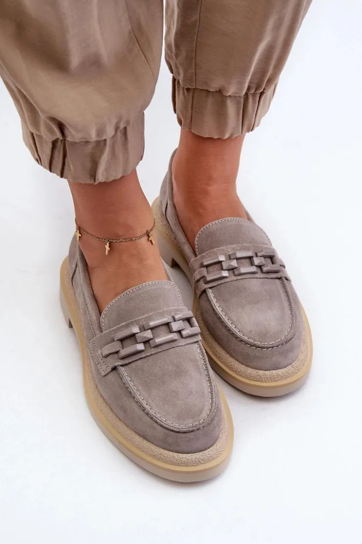 Damskie buty S.Barski Loafersy Damskie|Mokasyny Płaskie*Mokasyny Damskie Zamszowe Na Płaskim Obcasie Z Ozdobą D&A TW101 Szare Szary