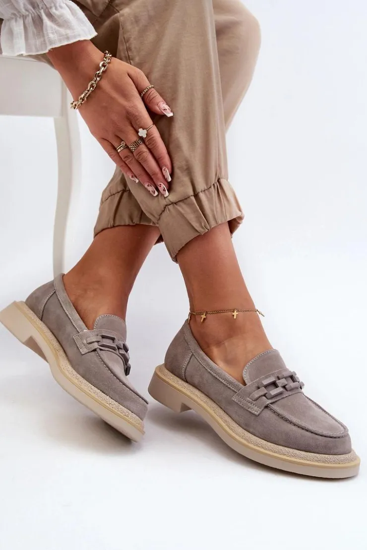 Damskie buty S.Barski Loafersy Damskie|Mokasyny Płaskie*Mokasyny Damskie Zamszowe Na Płaskim Obcasie Z Ozdobą D&A TW101 Szare Szary
