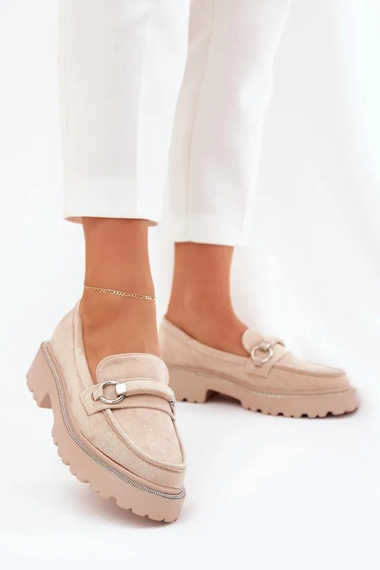 Boto Mokasyny Płaskie|Mokasyny Damskie Skórzane*Mokasyny Damskie Zdobione Cyrkoniami Beżowe Patina