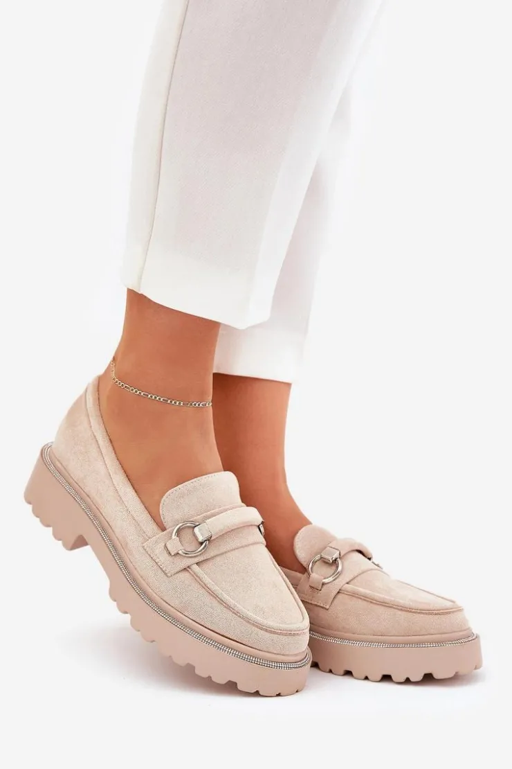 Boto Mokasyny Płaskie|Mokasyny Damskie Skórzane*Mokasyny Damskie Zdobione Cyrkoniami Beżowe Patina