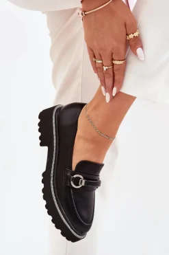 Boto Mokasyny Płaskie|Mokasyny Damskie Skórzane*Mokasyny Damskie Zdobione Cyrkoniami Czarne Patina Czarny