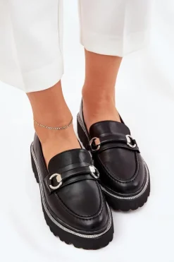 Boto Mokasyny Płaskie|Mokasyny Damskie Skórzane*Mokasyny Damskie Zdobione Cyrkoniami Czarne Patina Czarny