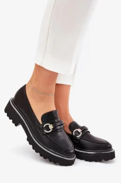 Boto Mokasyny Płaskie|Mokasyny Damskie Skórzane*Mokasyny Damskie Zdobione Cyrkoniami Czarne Patina Czarny