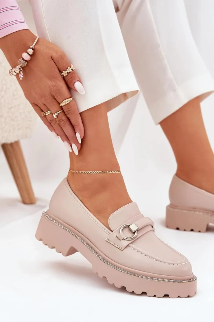 Hot Boto Mokasyny Damskie Zdobione Cyrkoniami Beżowe Patina Beżowy