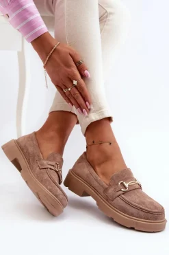 Damskie Boto Mokasyny Damskie Ze Złotą Ozdobą Eko Zamszowe Brązowe Lighas