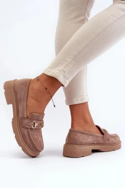 Damskie Boto Mokasyny Damskie Ze Złotą Ozdobą Eko Zamszowe Brązowe Lighas