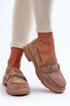 Damskie Boto Mokasyny Damskie Ze Złotą Ozdobą Eko Zamszowe Brązowe Lighas