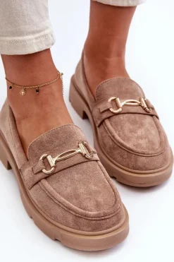 Damskie Boto Mokasyny Damskie Ze Złotą Ozdobą Eko Zamszowe Brązowe Lighas