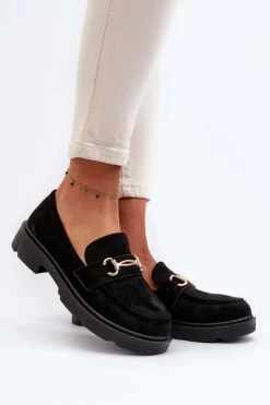 Damskie Boto Mokasyny Damskie Ze Złotą Ozdobą Eko Zamszowe Czarne Lighas