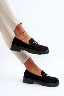 Damskie Boto Mokasyny Damskie Ze Złotą Ozdobą Eko Zamszowe Czarne Lighas