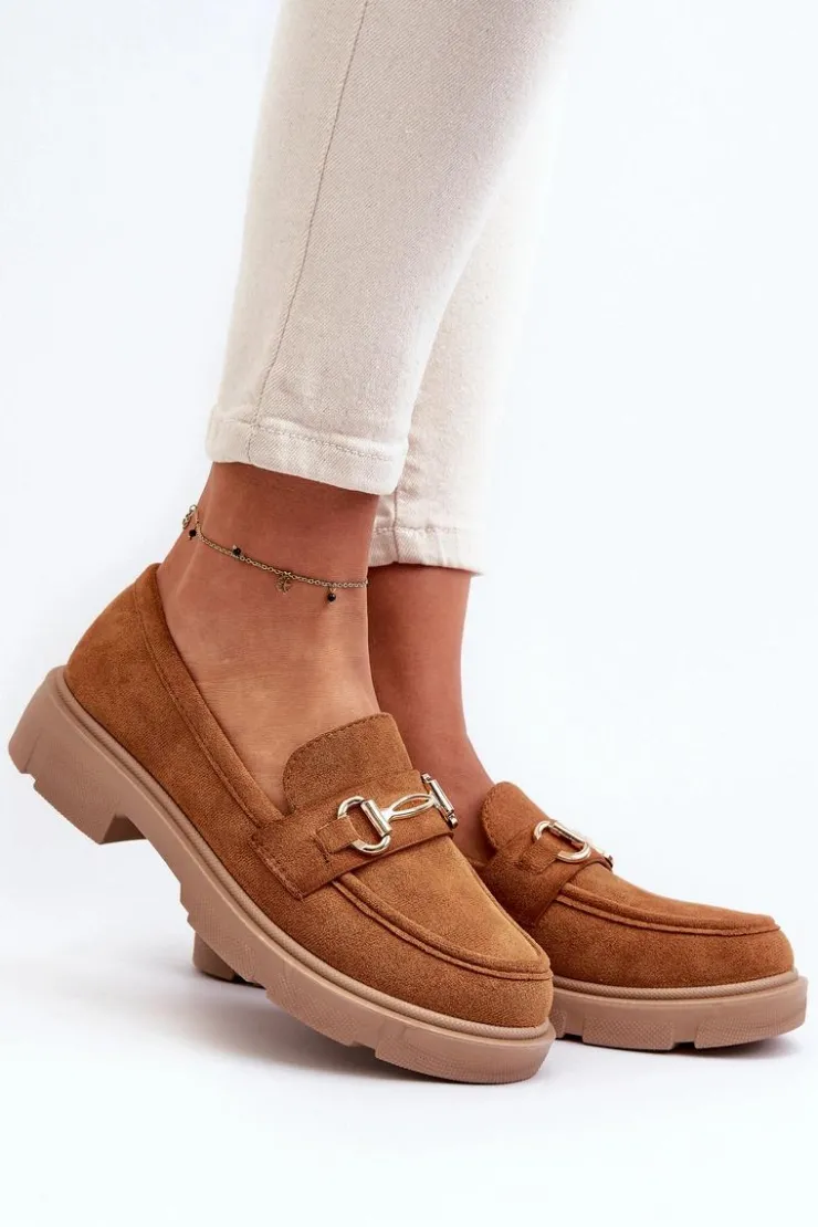 Sale Boto Mokasyny Damskie Ze Złotą Ozdobą Eko Zamszowe Camel Lighas