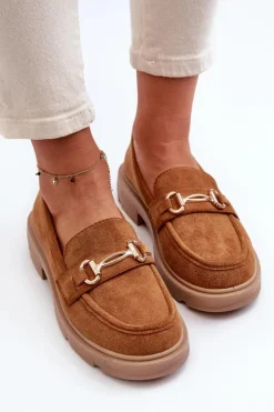 Sale Boto Mokasyny Damskie Ze Złotą Ozdobą Eko Zamszowe Camel Lighas