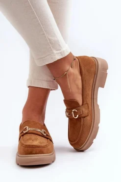 Sale Boto Mokasyny Damskie Ze Złotą Ozdobą Eko Zamszowe Camel Lighas