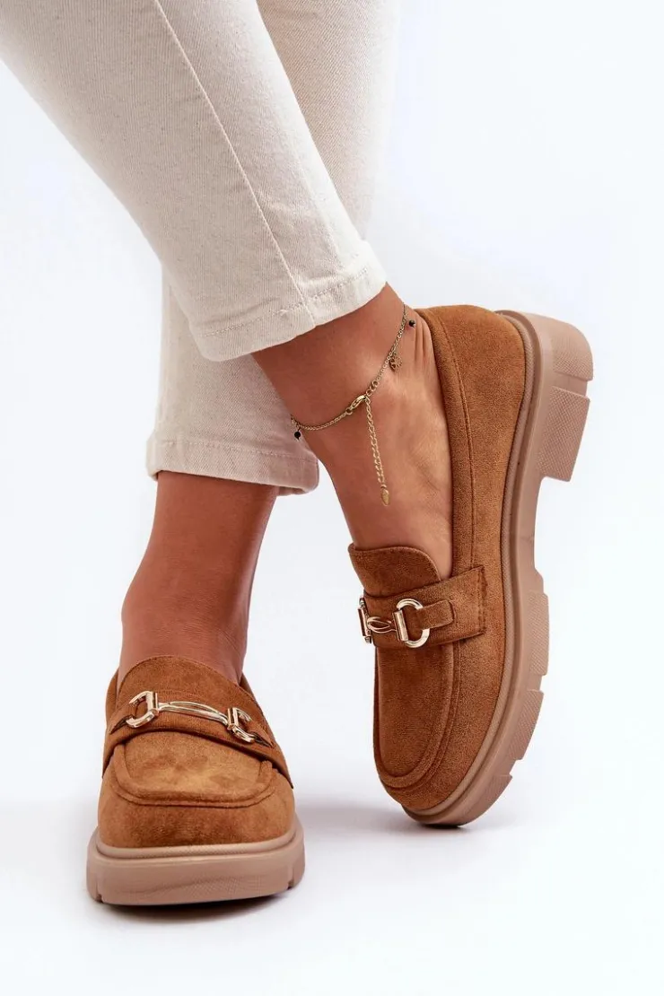 Sale Boto Mokasyny Damskie Ze Złotą Ozdobą Eko Zamszowe Camel Lighas