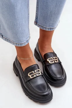 New Boto Mokasyny Damskie Ze Złotym Detalem Czarne Trionna