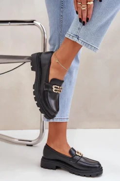 New Boto Mokasyny Damskie Ze Złotym Detalem Czarne Trionna