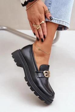 New Boto Mokasyny Damskie Ze Złotym Detalem Czarne Trionna