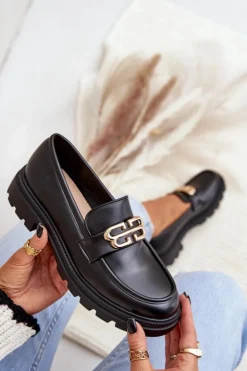 New Boto Mokasyny Damskie Ze Złotym Detalem Czarne Trionna